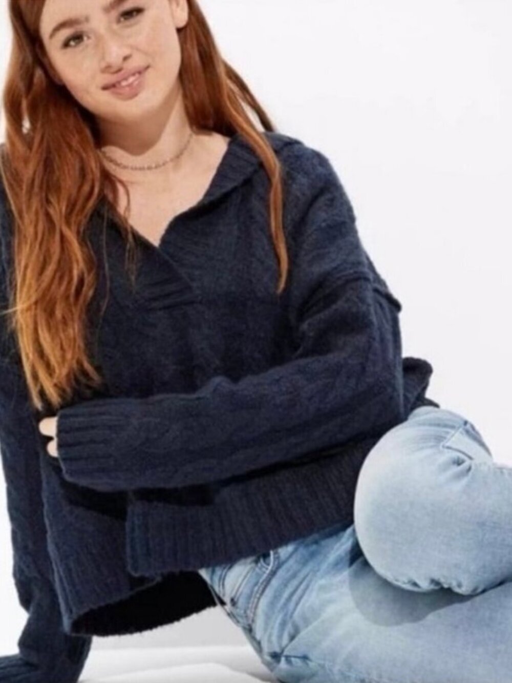 NWT American Eagle Hooded Cable Knit Sweater Navy Blue Slouchy Size Medium